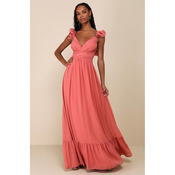 New LULUS Women's (L) Soiree Celebration Rusty Rose Ruffled Lace-Up Maxi Dress - Picture 15 of 15